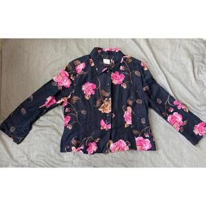 Emma James Navy & Pink Floral Linen Blend Button-Down Blazer Jacket Size 16